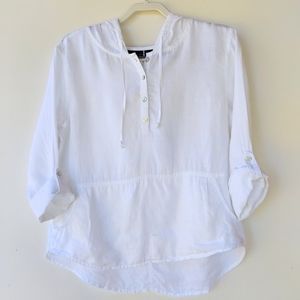 Tahari White Linen Pullover Hoodie Top Blouse with Pockets